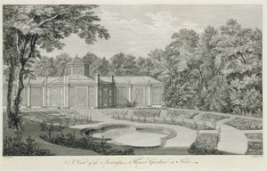 Uma vista do aviário e jardim de flores em Kew, de "planos, elevações, secções e vistas em perspectiva dos jardins e edifícios em Kew em Surry", por Sir William Chambers (1726-96), gravada por Cha